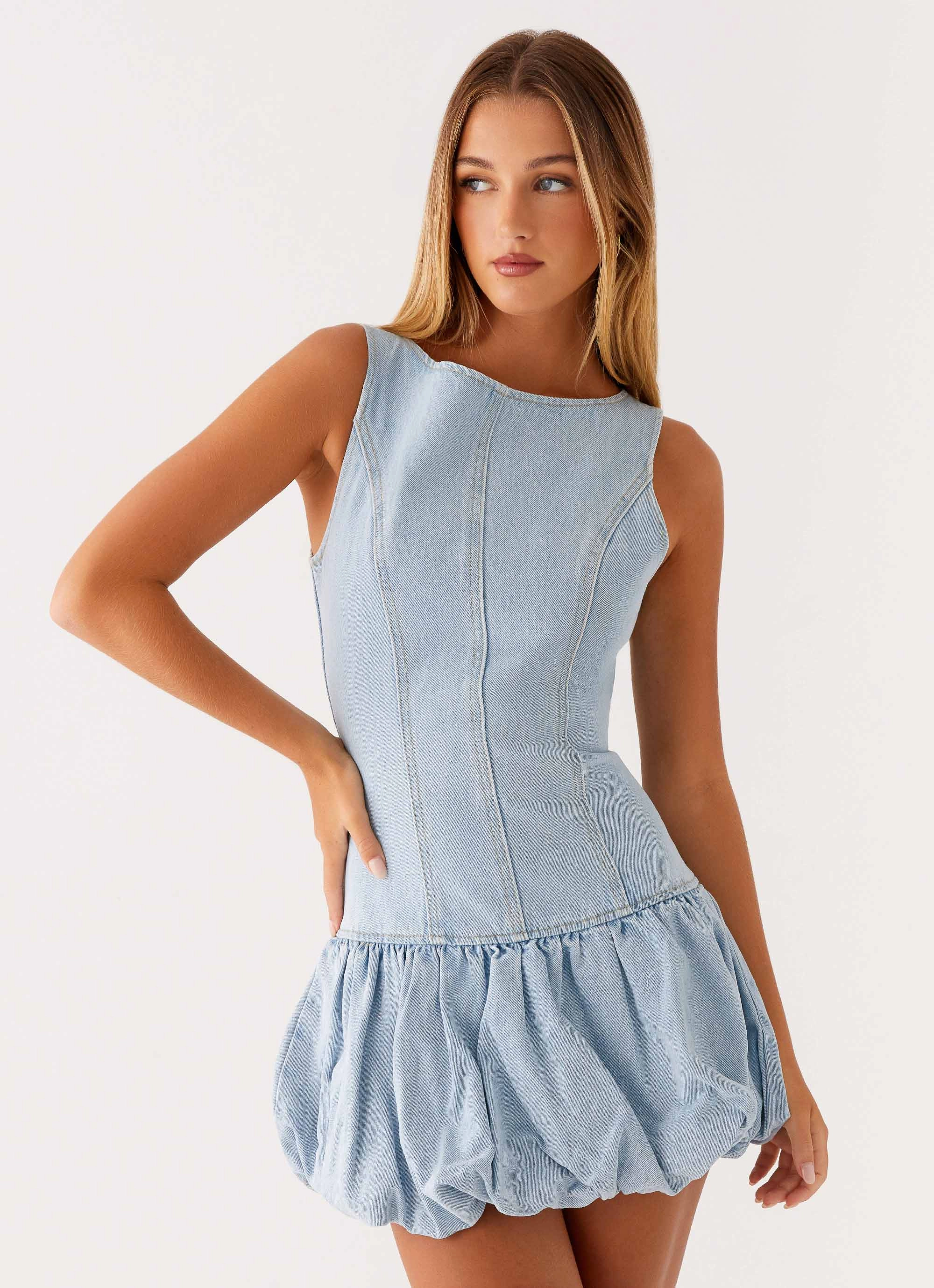 Meg Bubble Denim Mini Dress - Blue Bloom Zone