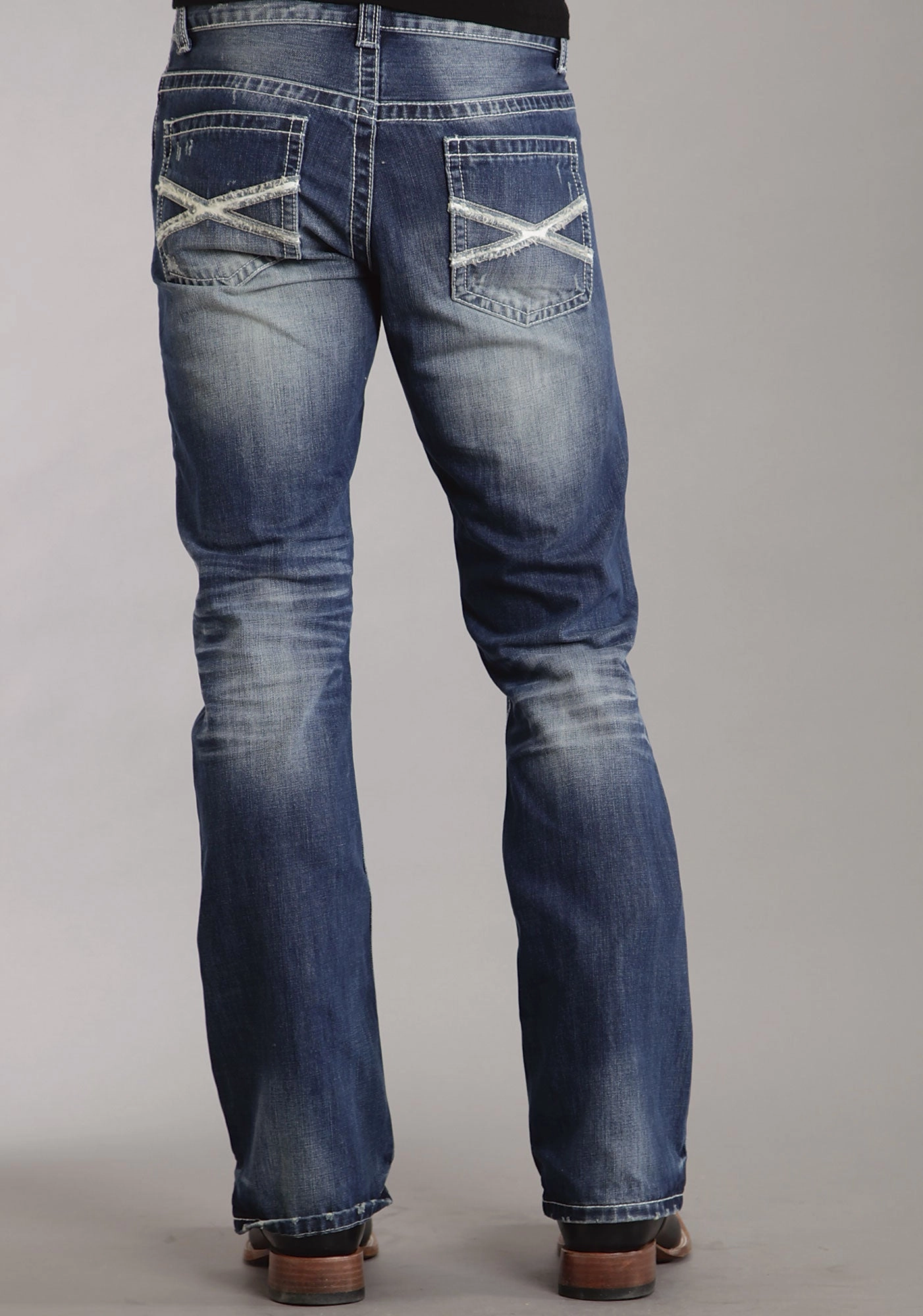 Low Impact Manufacturing Style Statement Mens Stetson Blue Cotton Blend Med Wash White X Bootcut Rocks Fit Jeans