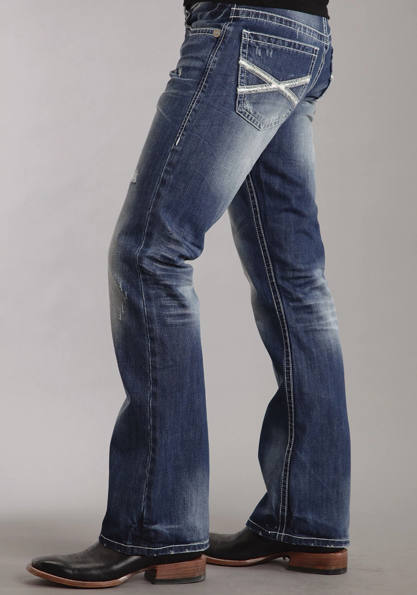 Garment Dyed Texture All-Purpose Use Mens Stetson Blue Cotton Blend Med Wash White X Bootcut Rocks Fit Jeans