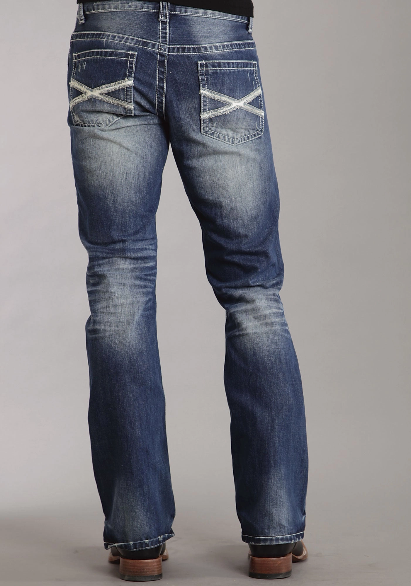 Mens Stetson Blue Cotton Blend Med Wash White X Bootcut Rocks Fit Jeans Classic Five Pocket Design