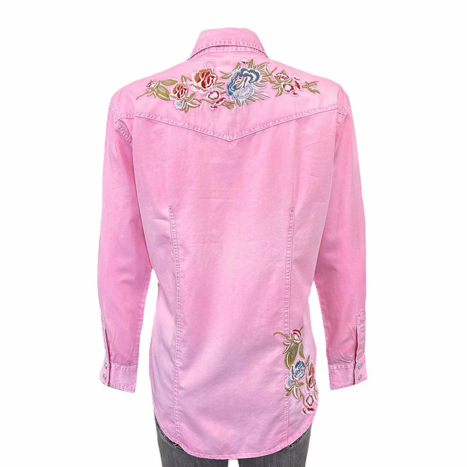 Animal Print Wardrobe Must-Have Rockmount Womens Denim Floral Embroidered Pink 100% Cotton L/S Shirt