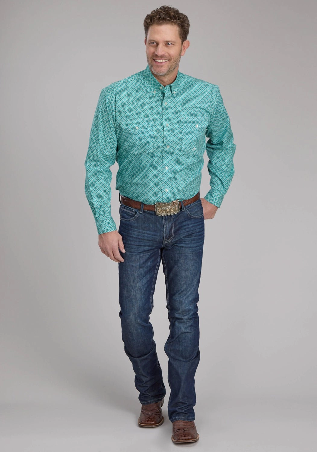 Roper Mens 2250 Four Point Foulard Turquoise Cotton Blend Btn L/S Shirt Neutral Colors