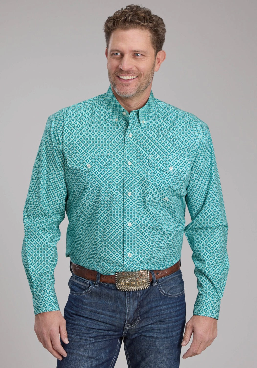 Roper Mens 2250 Four Point Foulard Turquoise Cotton Blend Btn L/S Shirt Corporate Retreat