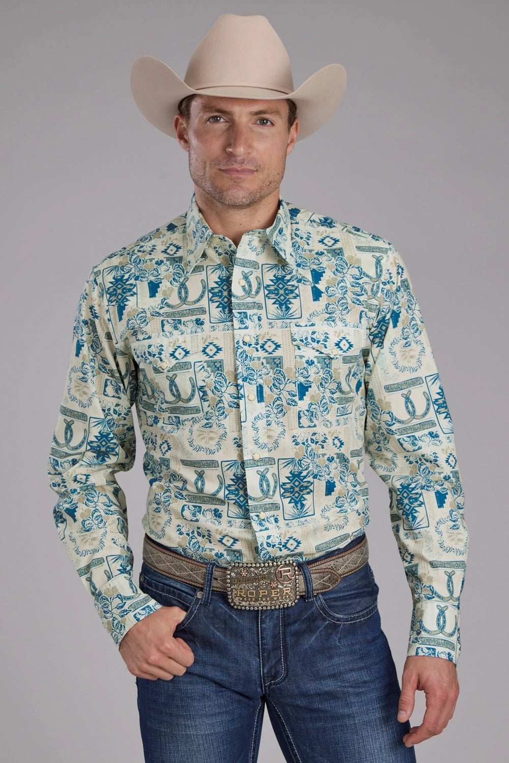 Roper Mens Tropical Resort Print Tan/Blue 100% Cotton L/S Shirt handmade touch All day wearability