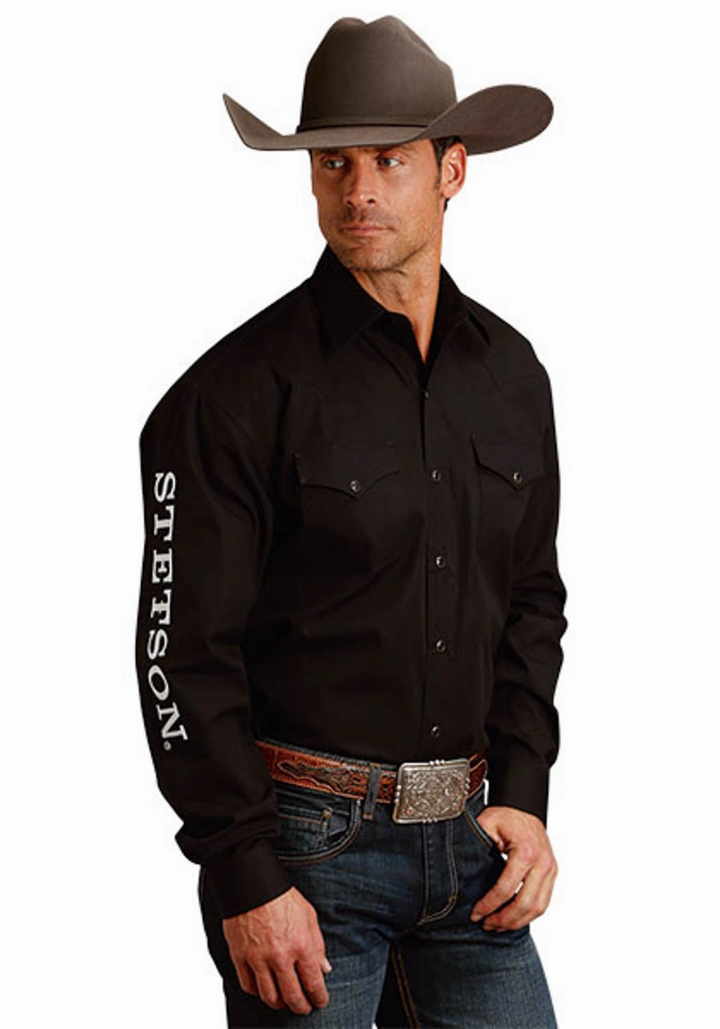 Printed Pattern Stetson Mens Western Logo Sleeve Black 100% Cotton L/S Shirt