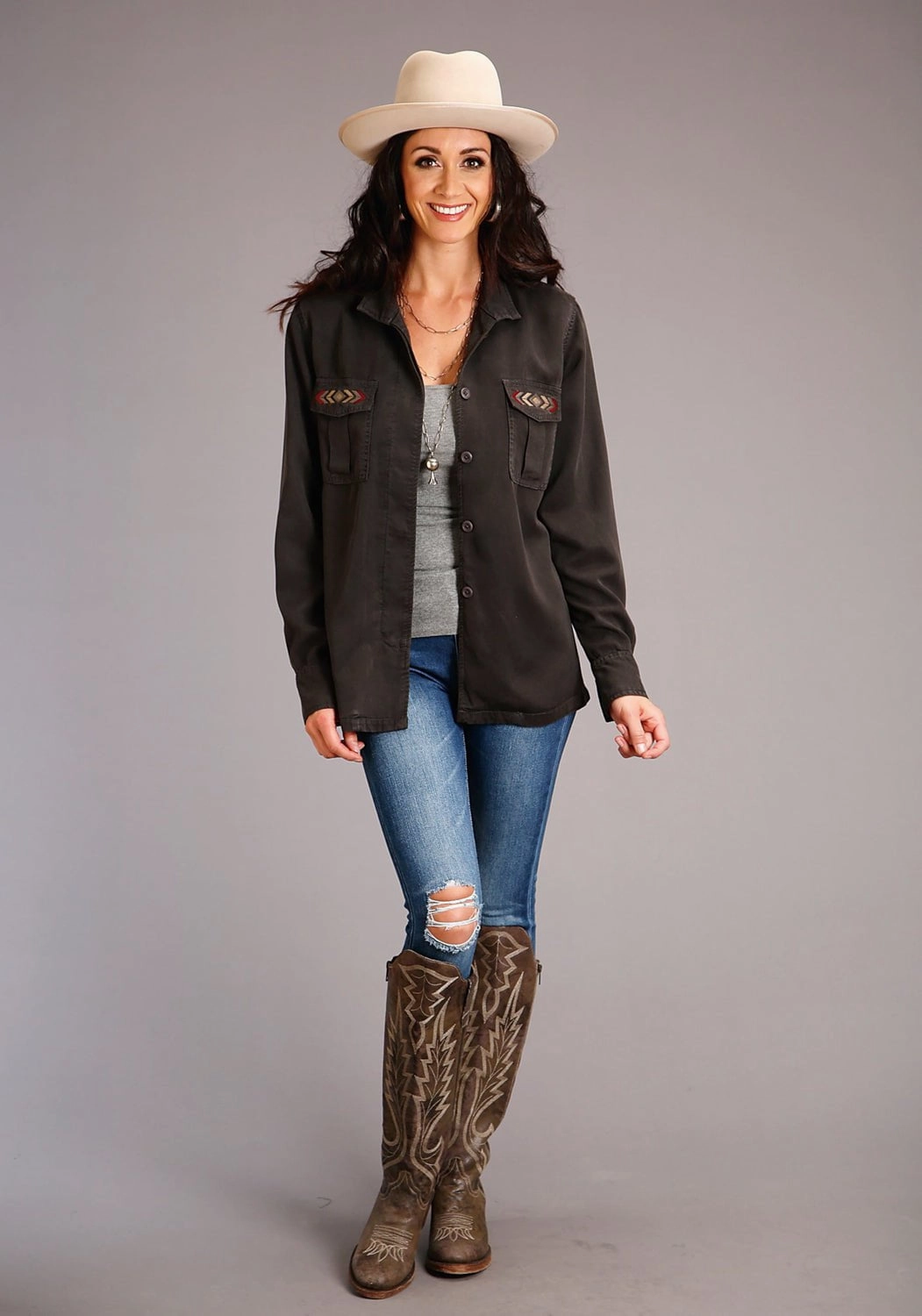 Stetson Womens Dark Charcoal Denim Button Front Jacket TearResistantOuter