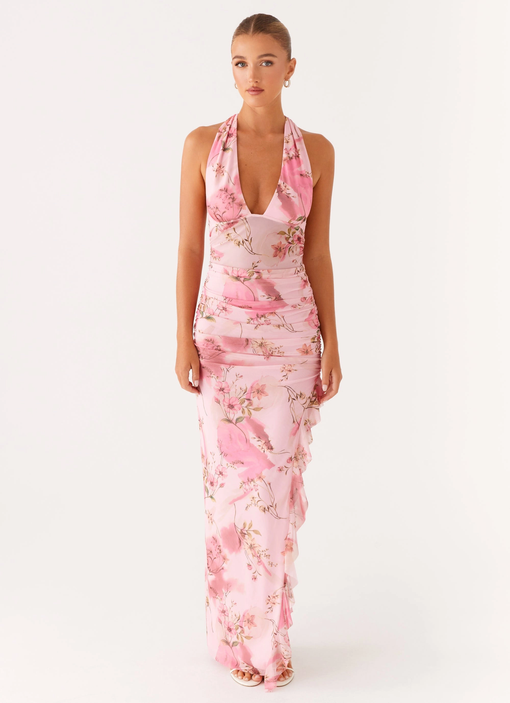 Micca Halter Maxi Dress - Pink Floral Print Puffer jacket