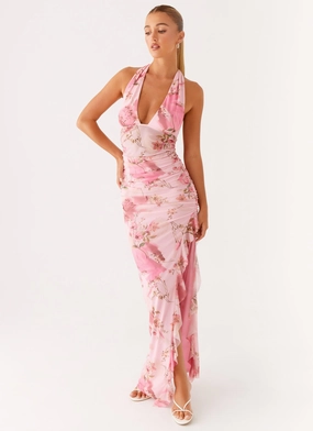 Stylish Winterwear Winter Outerwear Micca Halter Maxi Dress - Pink Floral Print