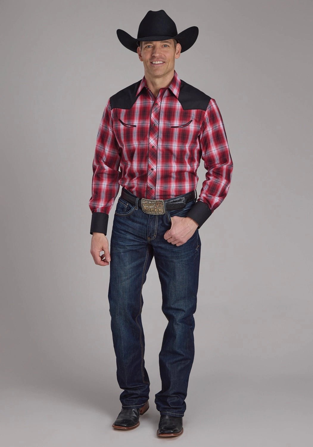 Roper Mens 2131 Plaid Retro Red/White Cotton Blend L/S Shirt Anti Static Fabric