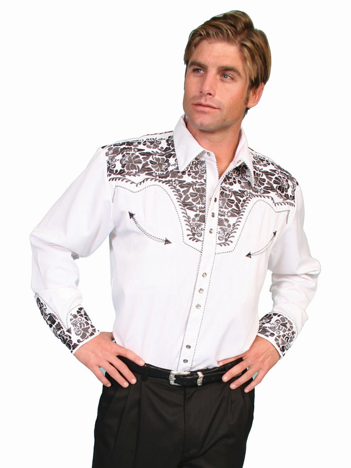 Scully Mens Pewter Poly/Rayon Tooled Floral L/S Shirt Job Interview