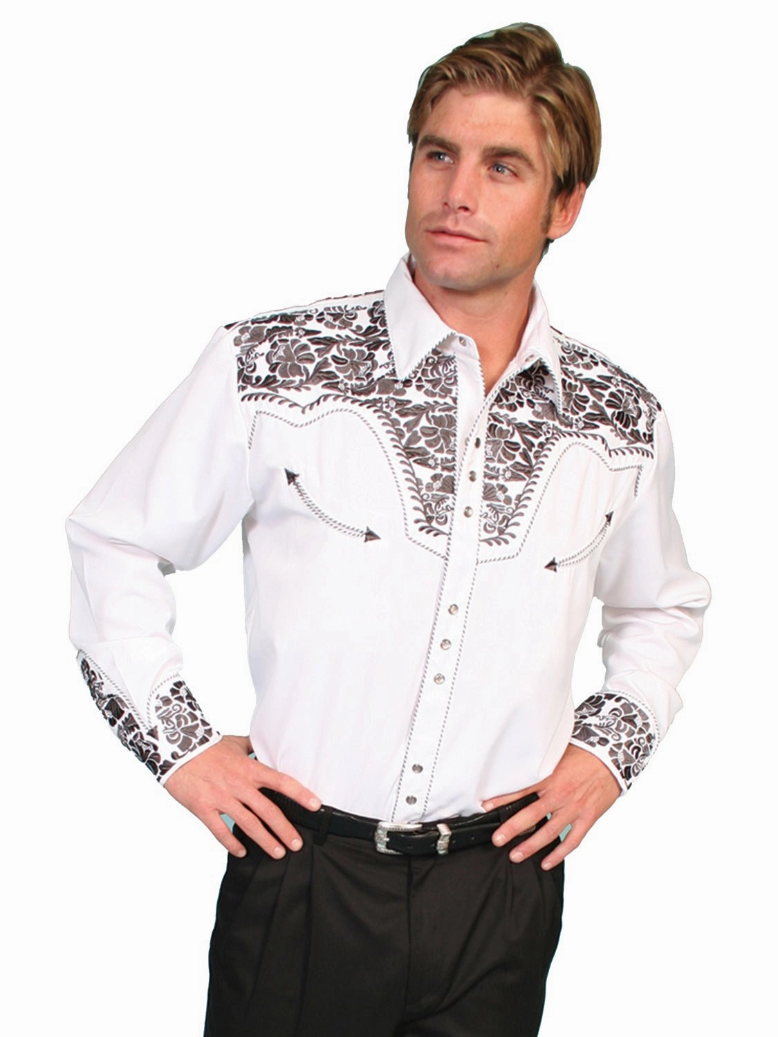 Scully Mens Pewter Poly/Rayon Tooled Floral L/S Shirt Wrinkle-Resistant Non Irritating Tags