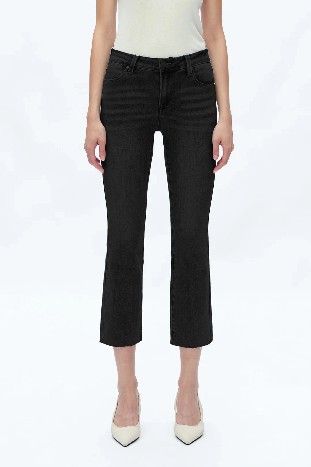 Mid Rise Straight Raw Edge Denim Jeans Slim Comfort Button front