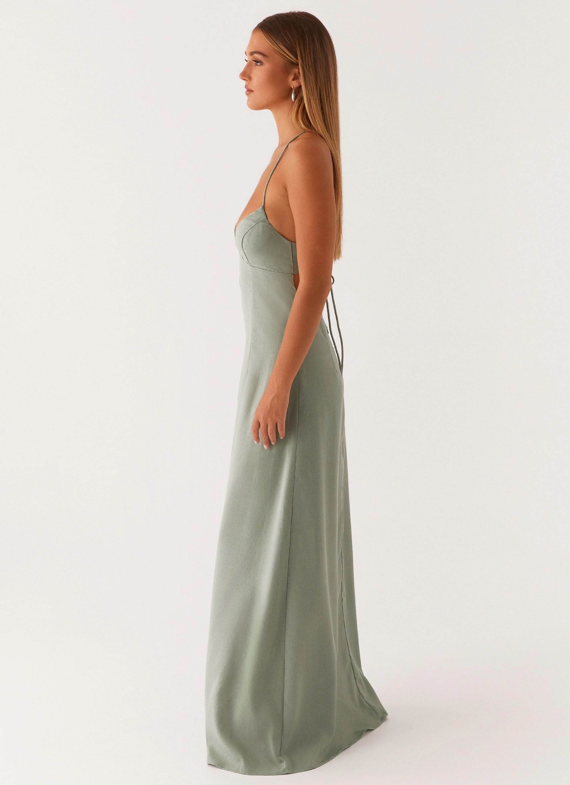 Cold-Shoulder Fresh Form Middle Ground Linen Maxi Dress - Sage