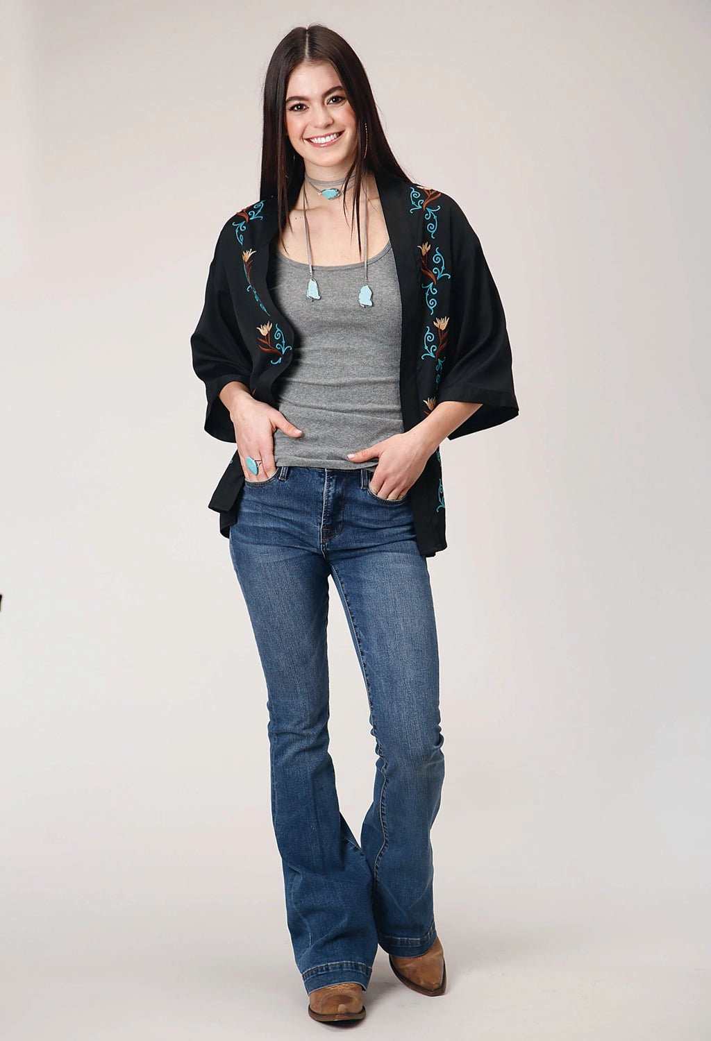 Drop Shoulder Cut Roper Womens American Crepe Black 100% Polyester Cardigan Sweater