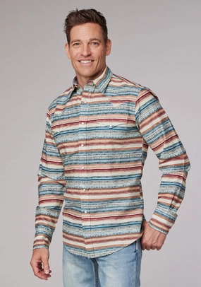 Non Iron Material Roper Mens 2007 Distressed Aztec Cream 100% Cotton L/S Shirt