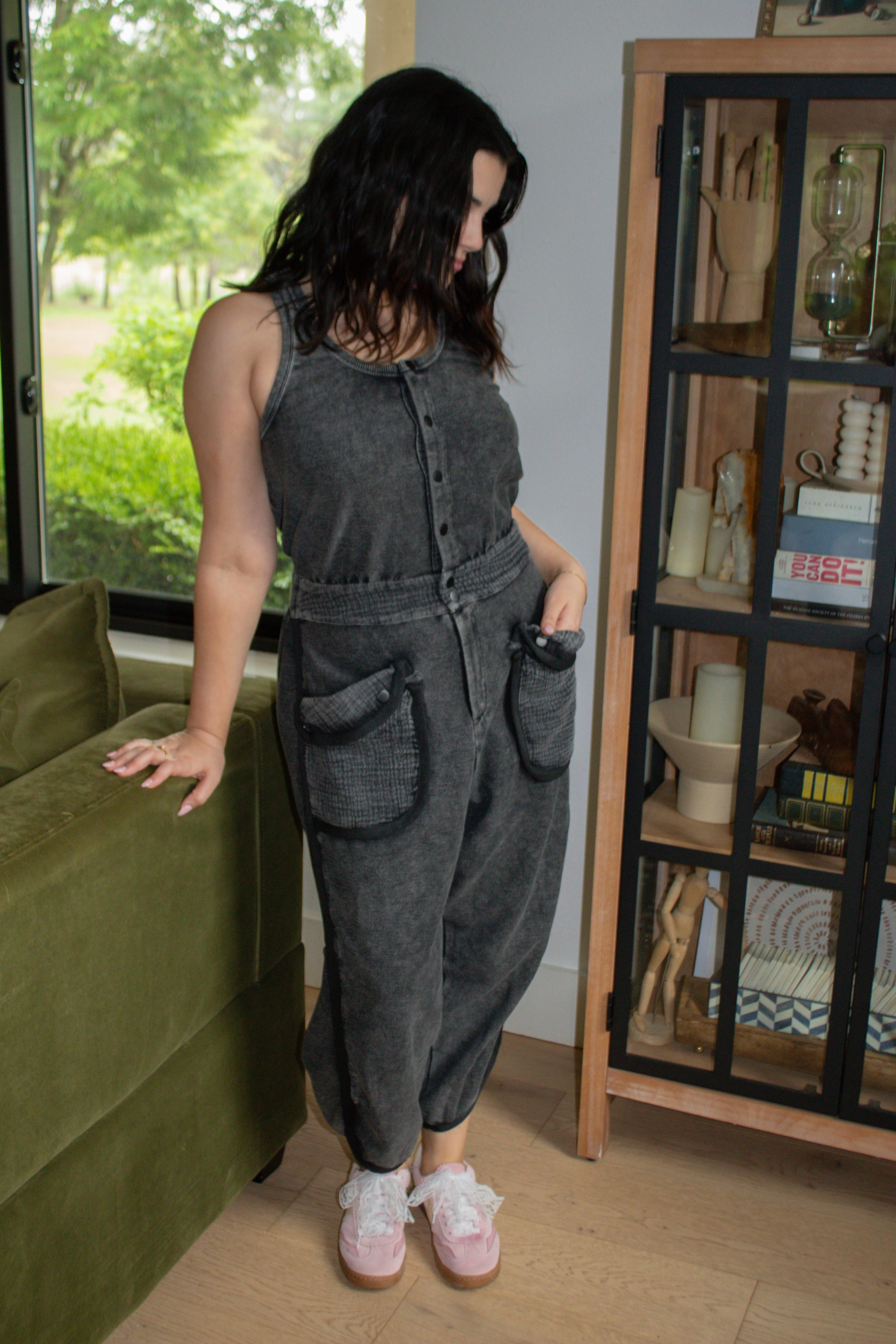 Mineral Washed Terry Jumpsuit - Black Seamless Circular Knit Soft Microfiber Surface