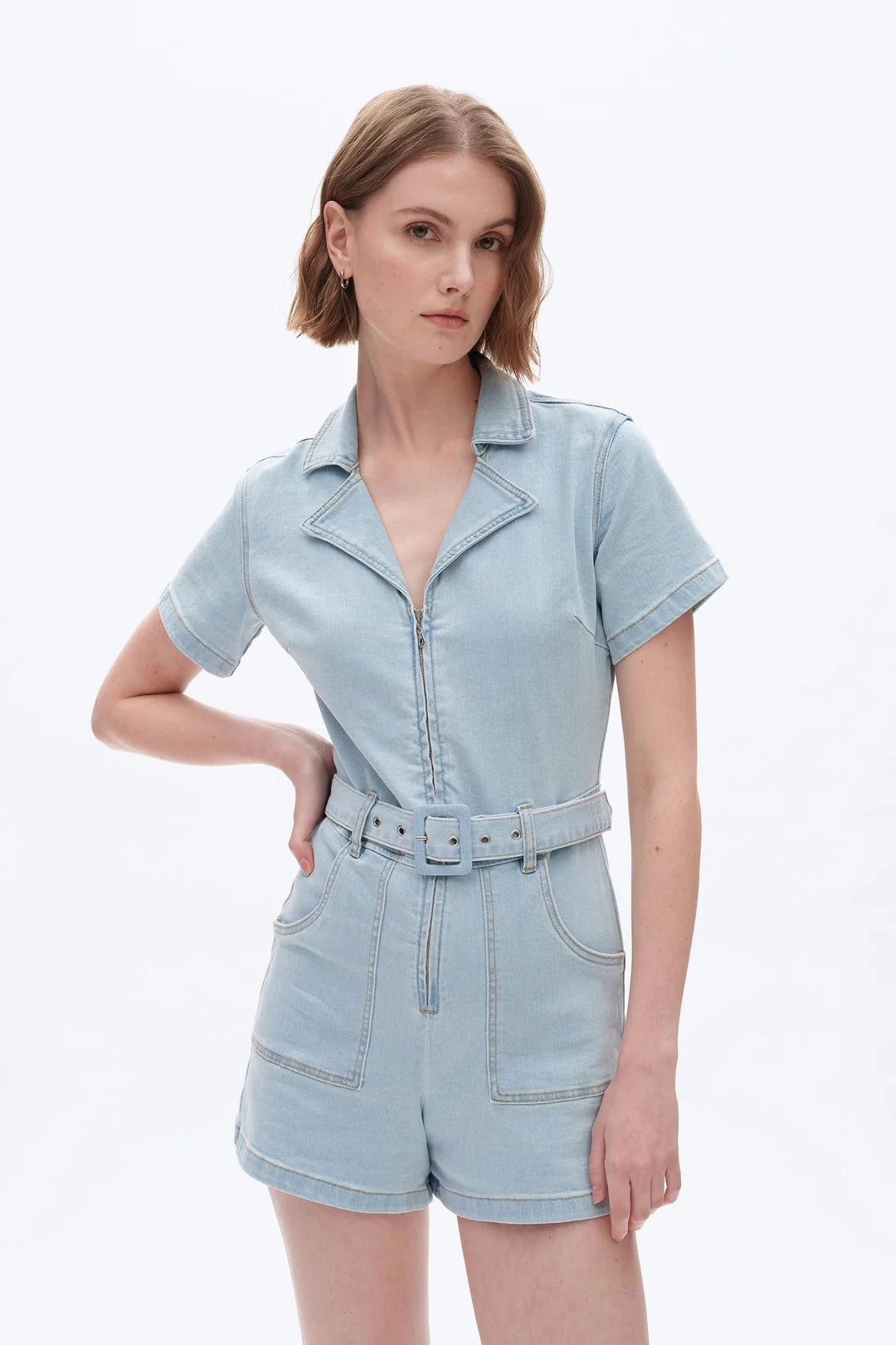 Contrast Trim QuickDryTechnology Mini Denim Romper - Light Blue