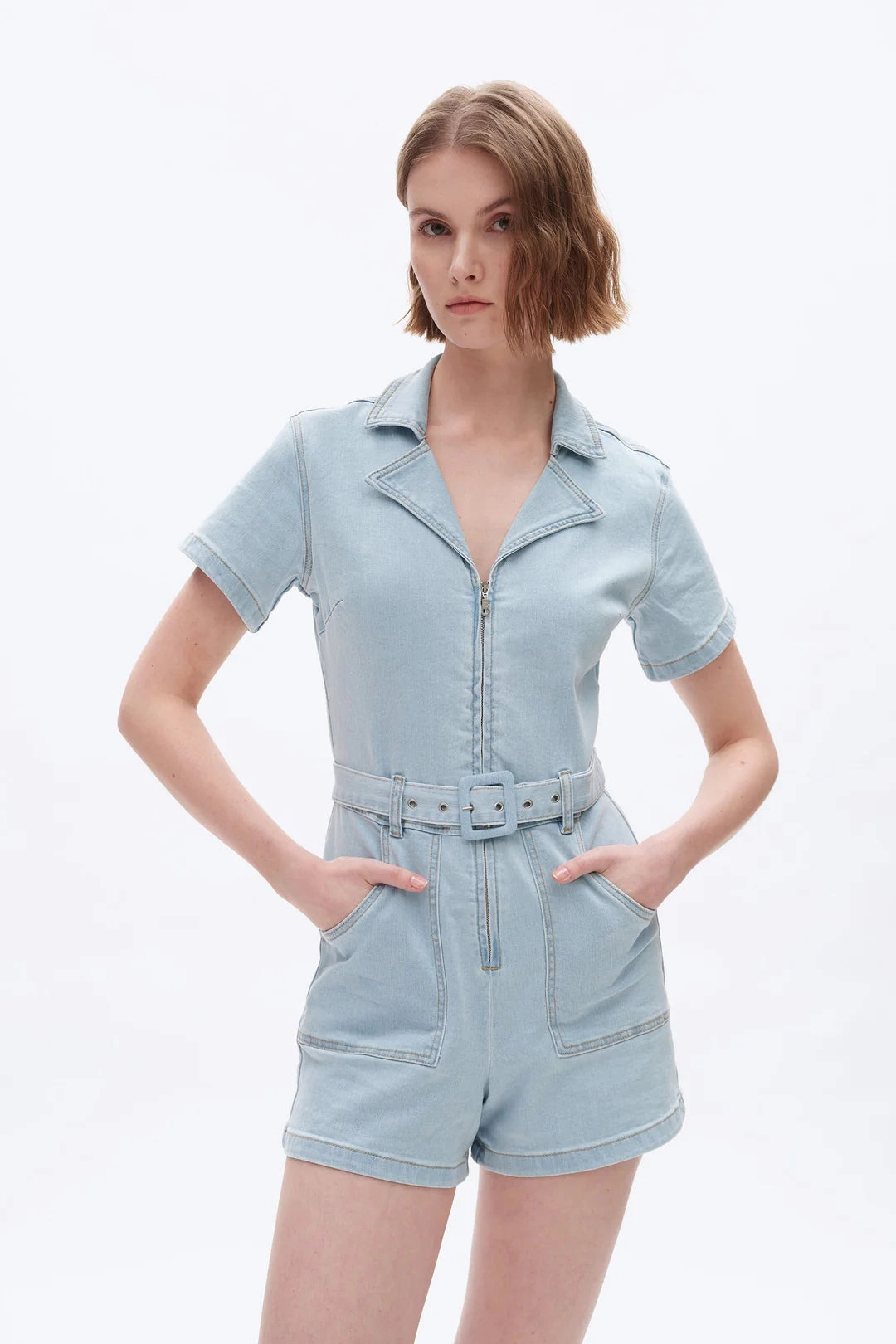 Versatile Design Structured Hemline Mini Denim Romper - Light Blue