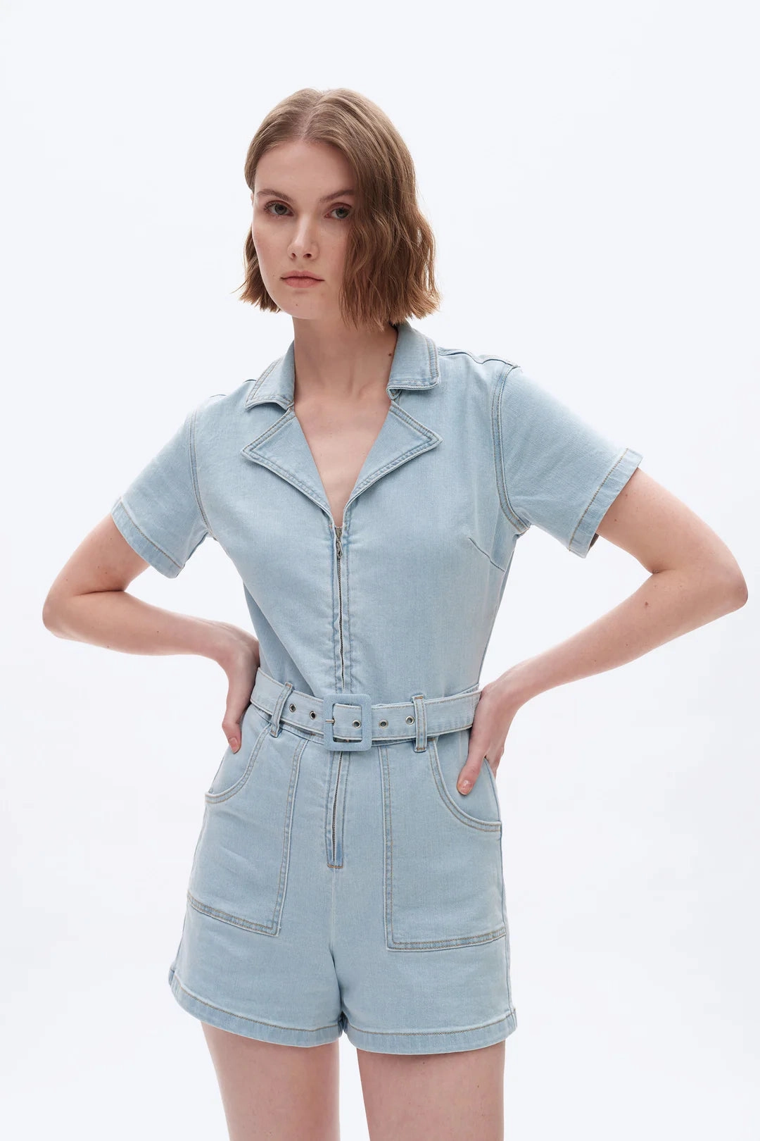Daily Layer Flexible Knit Construction Mini Denim Romper - Light Blue