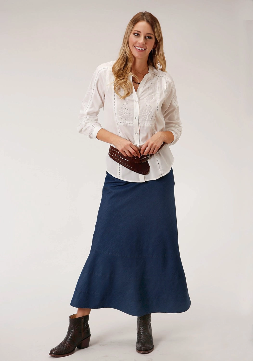 Roper Womens Indigo Blue 100% Cotton Bias Cut Midi Skirt Side Slit Simple Fashion