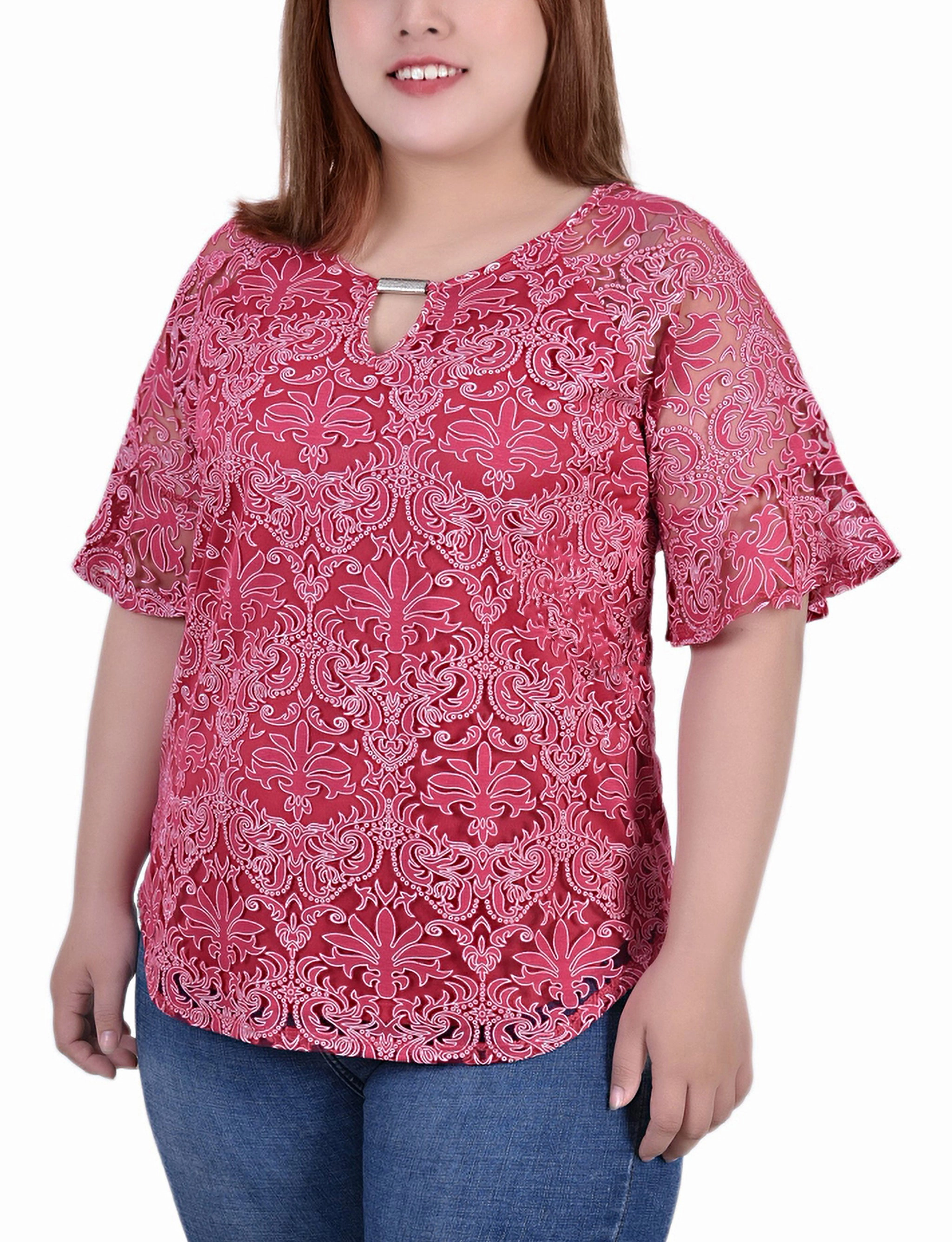 DoubleStitched Hem Yarn Dyed Stripes Plus Size Short Bell Sleeve Lace Blouse
