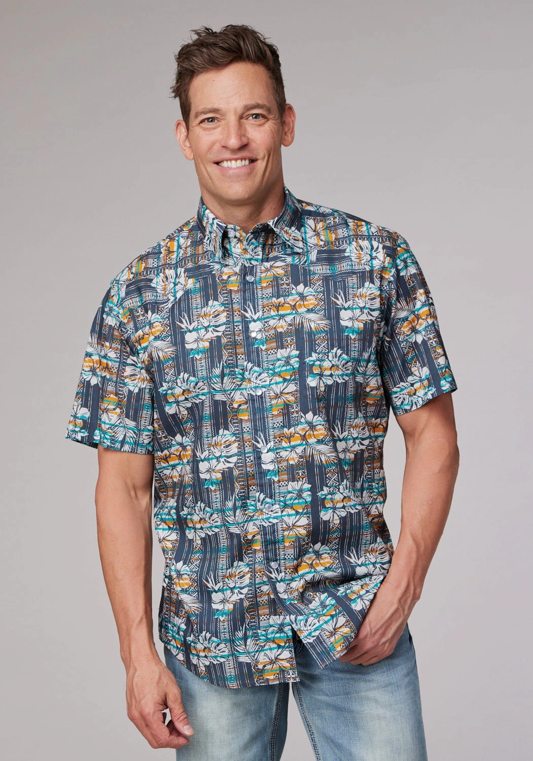 Roper Mens 2002 Distressed Tropical Grey 100% Cotton 1 Pkt S/S Shirt Comfort Stretch Comfort Wear