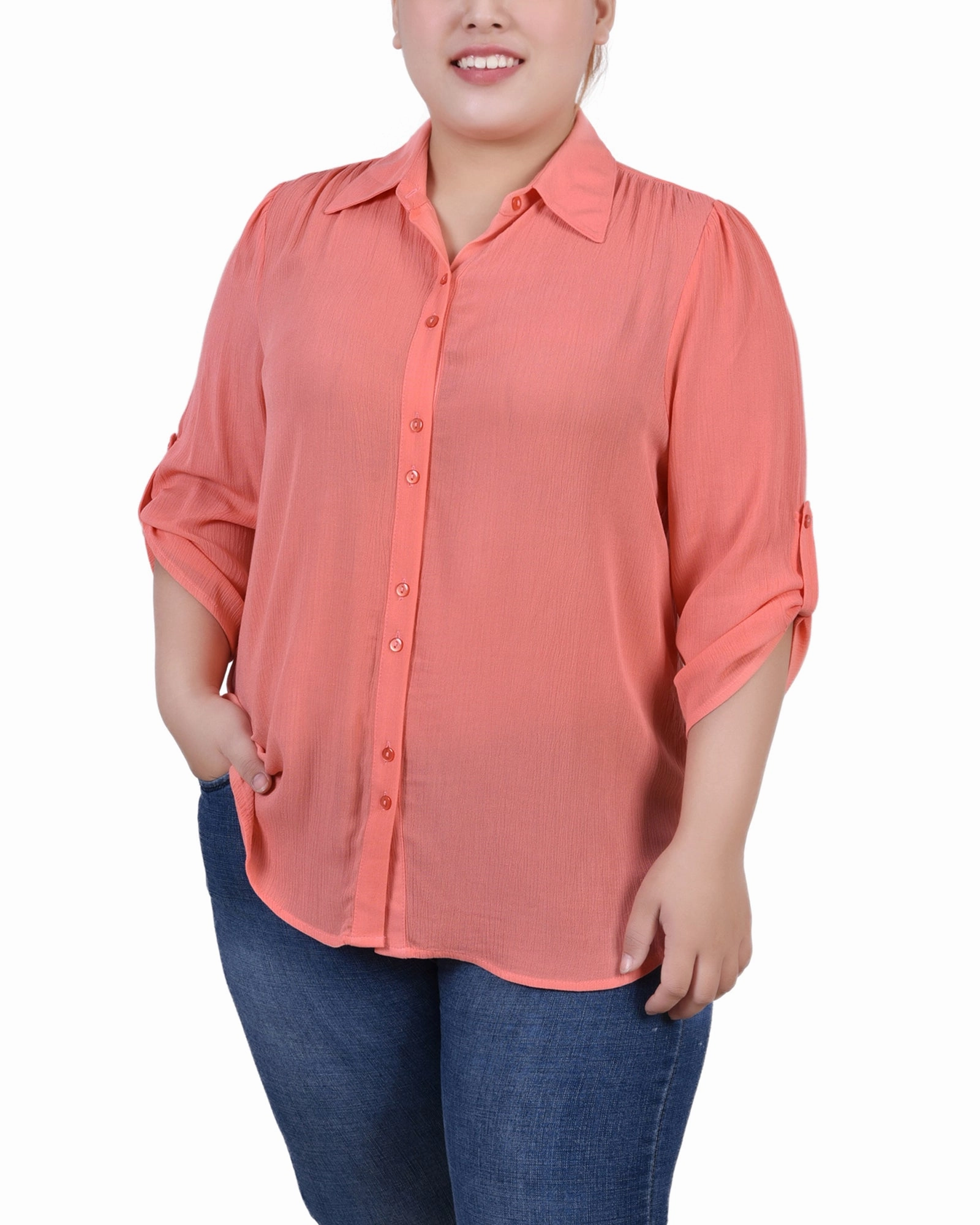 Versatile Shirt Plus Size 3/4 Sleeve Crepon Blouse