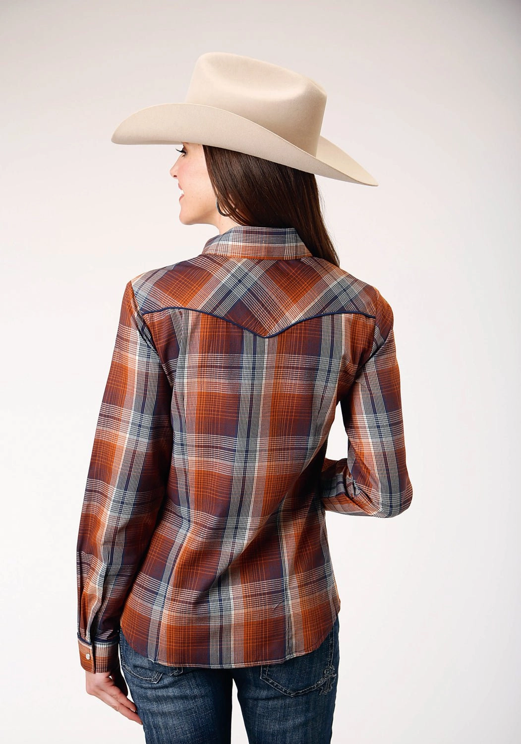 Roper Womens Cream Plaid Brown Cotton Blend L/S Shirt Yoke Design