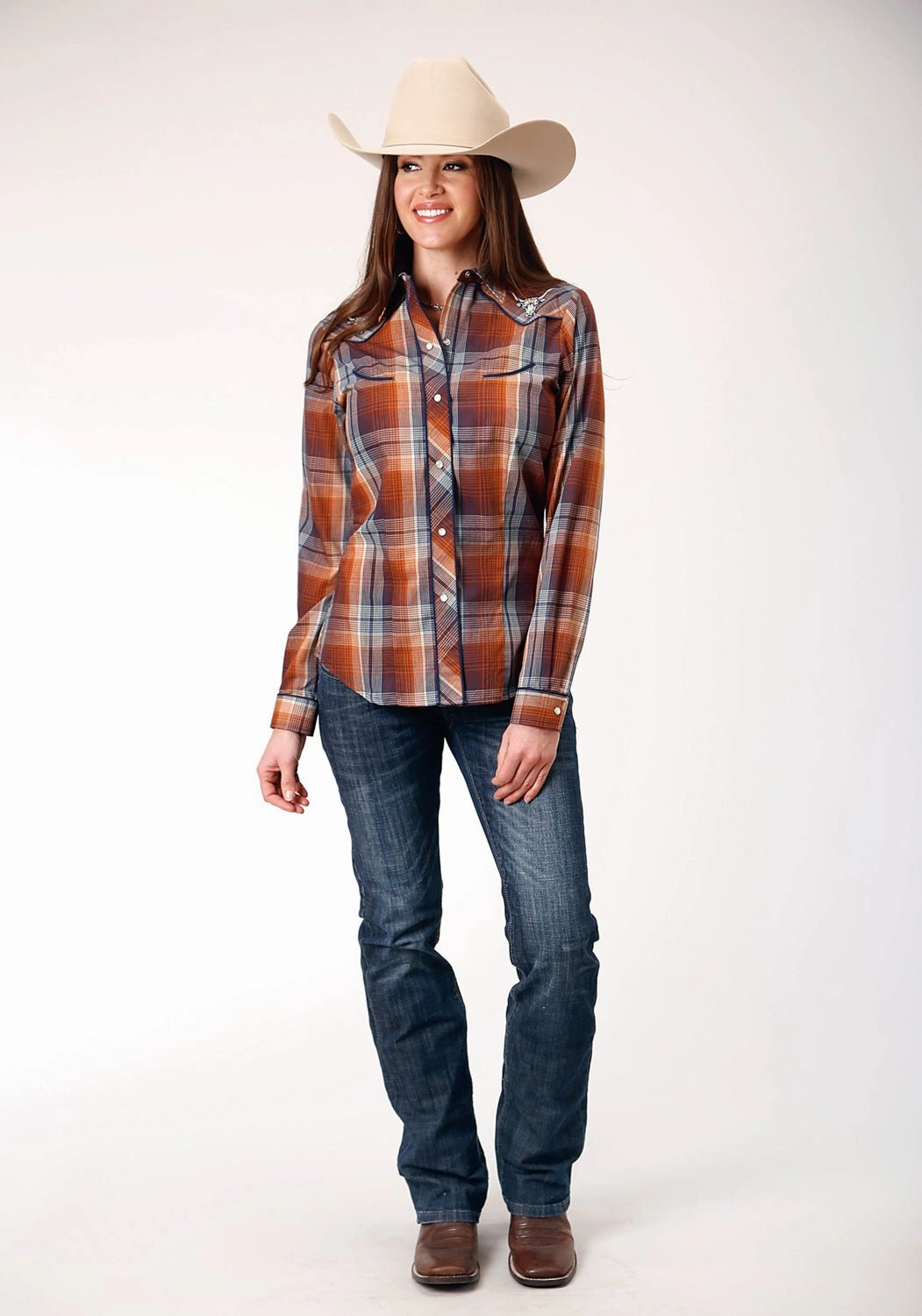 Stretchable Material Roper Womens Cream Plaid Brown Cotton Blend L/S Shirt