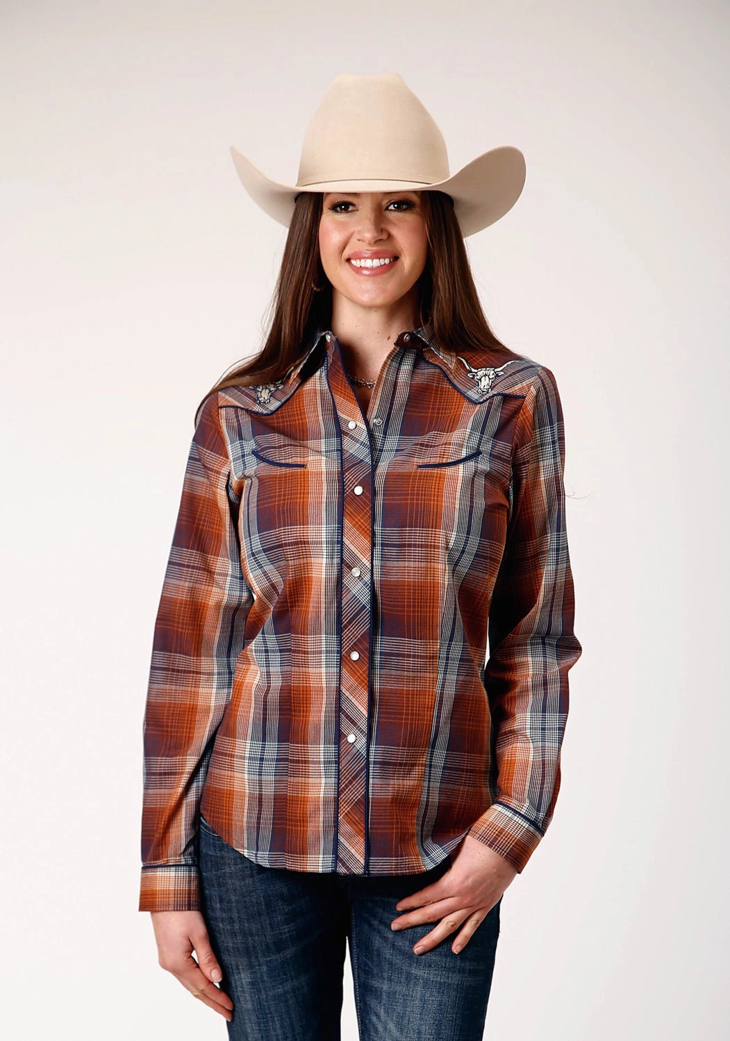 quick dry Multi Layer Stitching Roper Womens Cream Plaid Brown Cotton Blend L/S Shirt