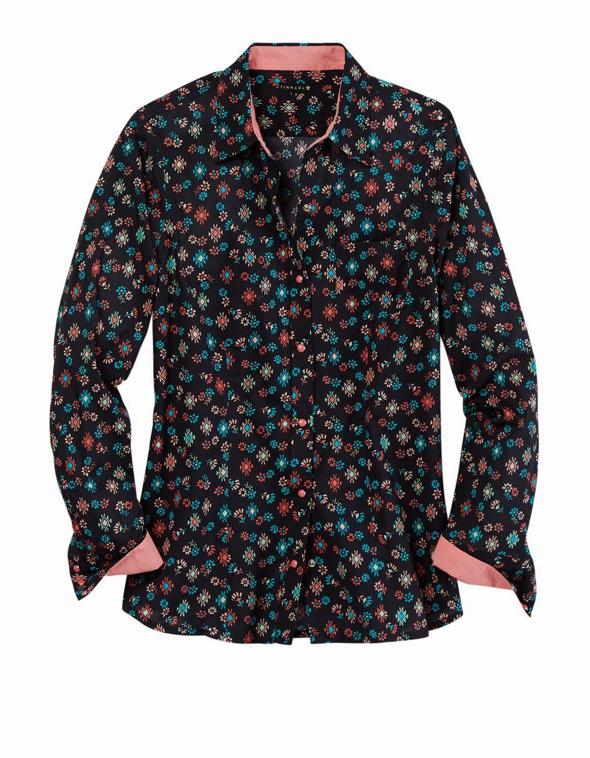 Tin Haul Womens Floral Aztec Print Black 100% Cotton L/S Shirt Flexible Placket Structure