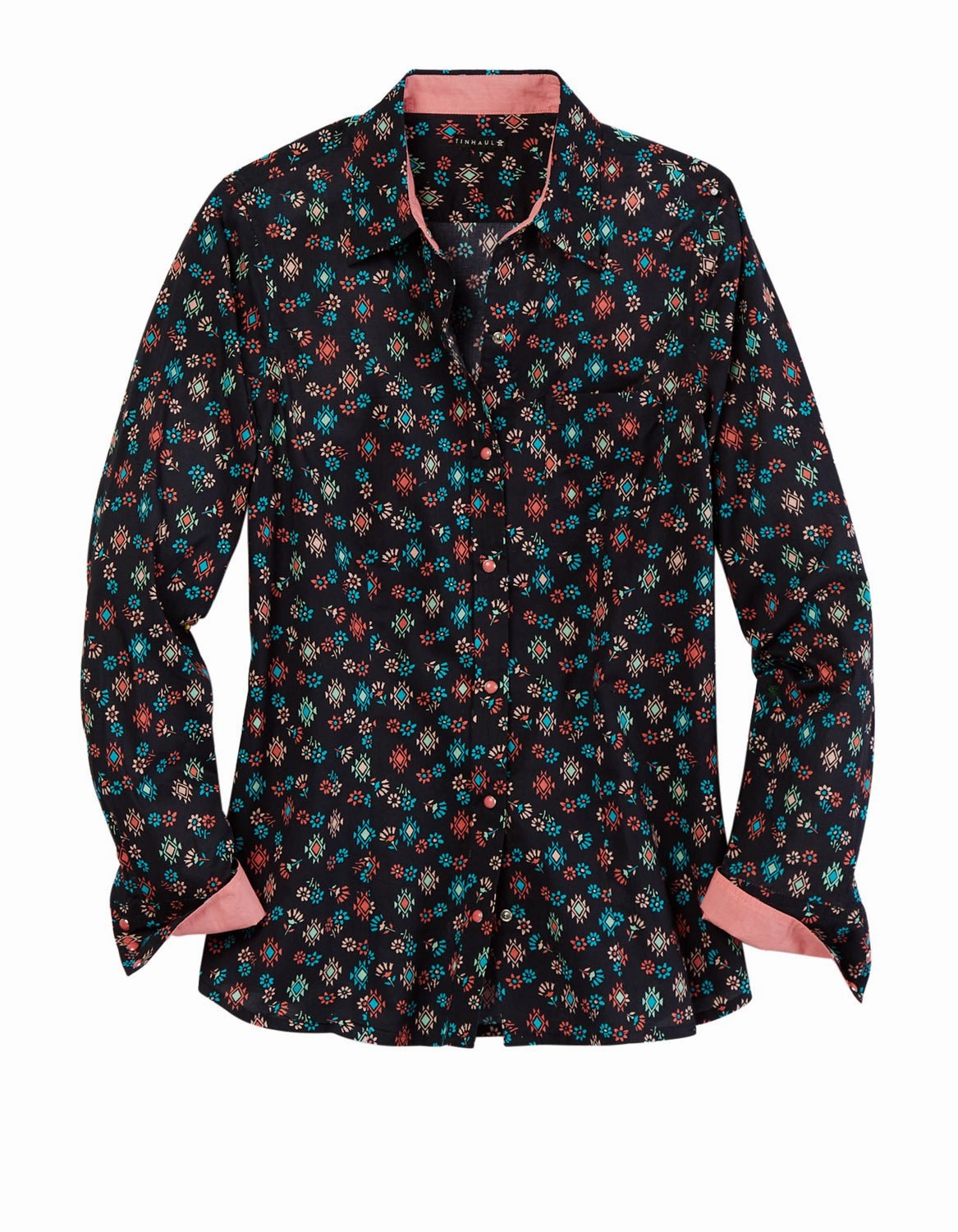 Smooth Zipper Design Contemporary Look Tin Haul Womens Floral Aztec Print Black 100% Cotton L/S Shirt