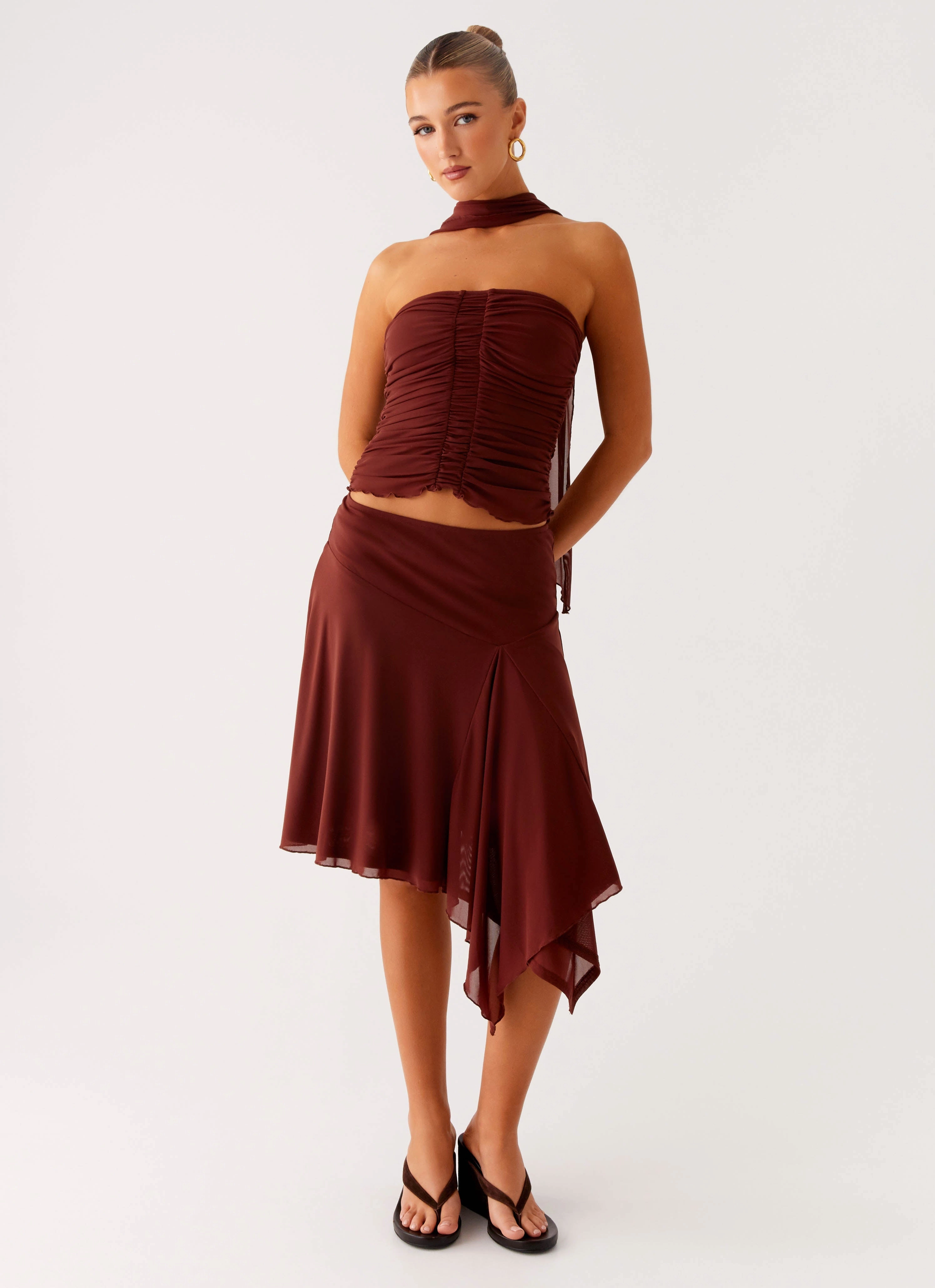 Tassel accents Sleek Motion Mirage Midi Skirt - Chocolate