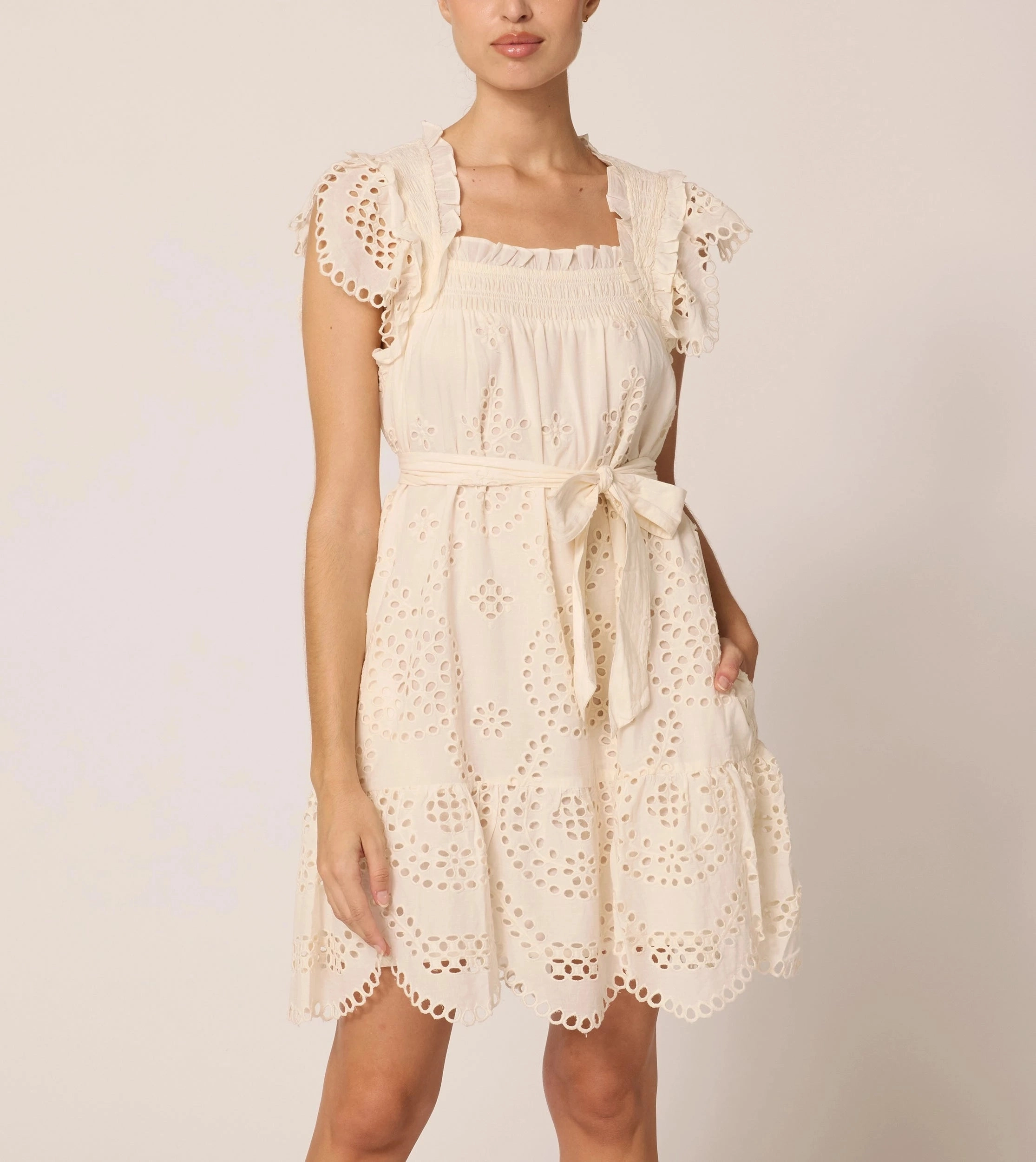 Mireya Mini Dress | Ivory Eyelet Stylish Cut Wrinkle-Free-Finish