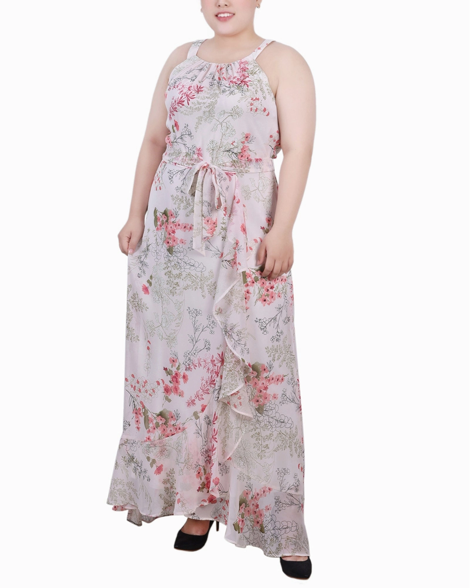 Plus Size Halter Front Chiffon Maxi Dress Belted-Style
