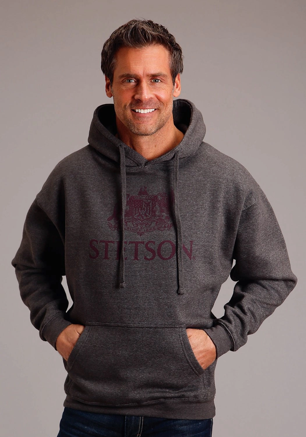 Faux Fur Collar Versatile Styling Stetson Mens Crest Logo Grey Cotton Blend Hoodie