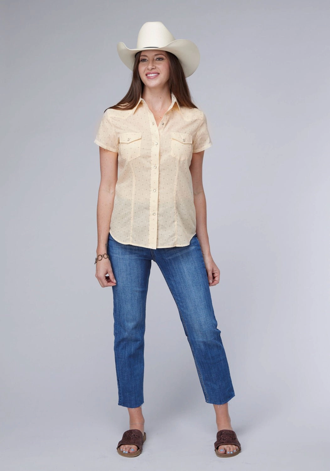 Embroidered Logo Roper Womens Diamond Wallpaper Cream Cotton Blend S/S Shirt