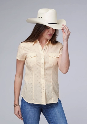 fade resistant color Bold Pattern Roper Womens Diamond Wallpaper Cream Cotton Blend S/S Shirt