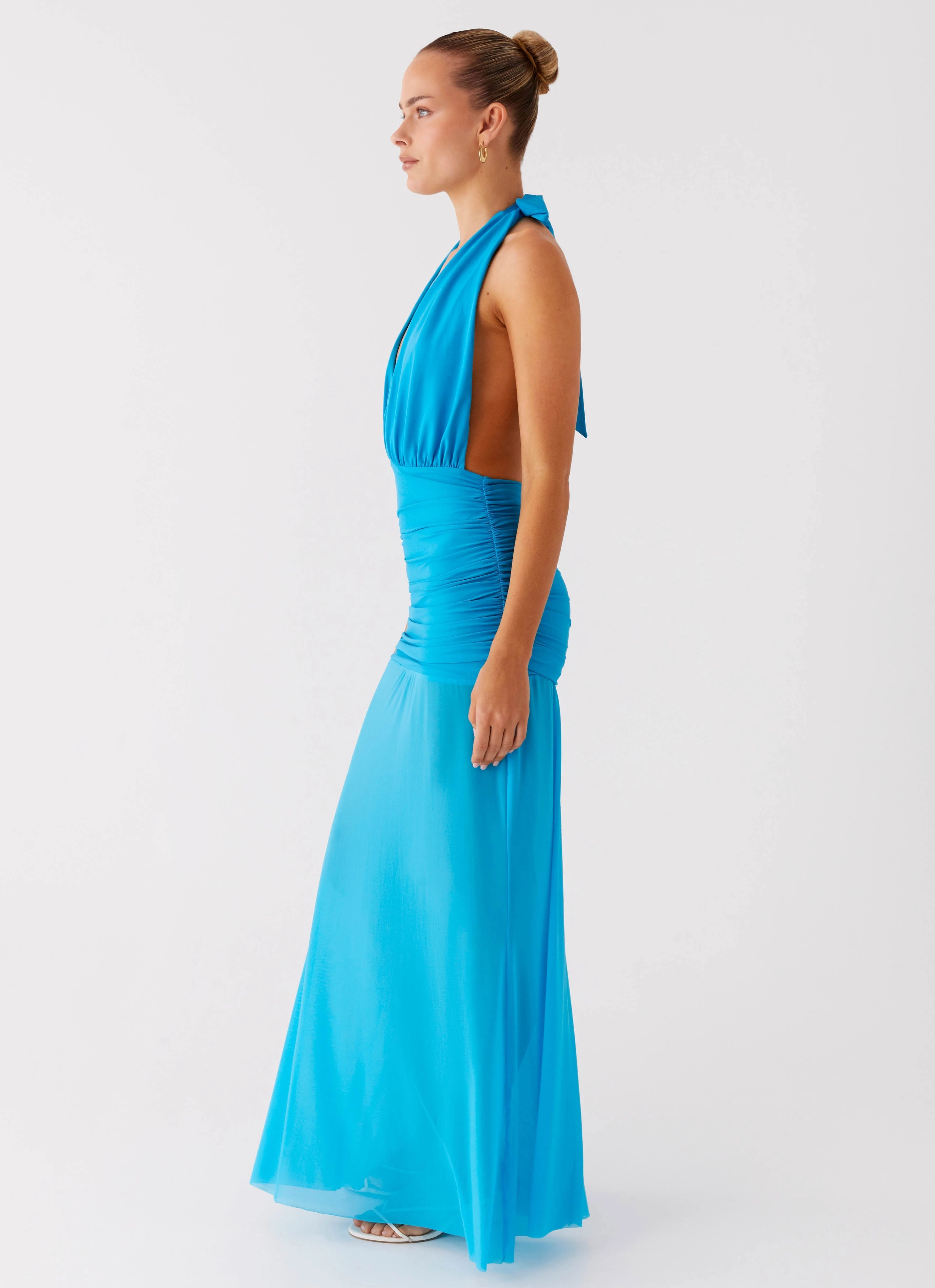 Textured Finish Chic Winter Style Dilemma Halter Maxi Dress - Turquoise Blue