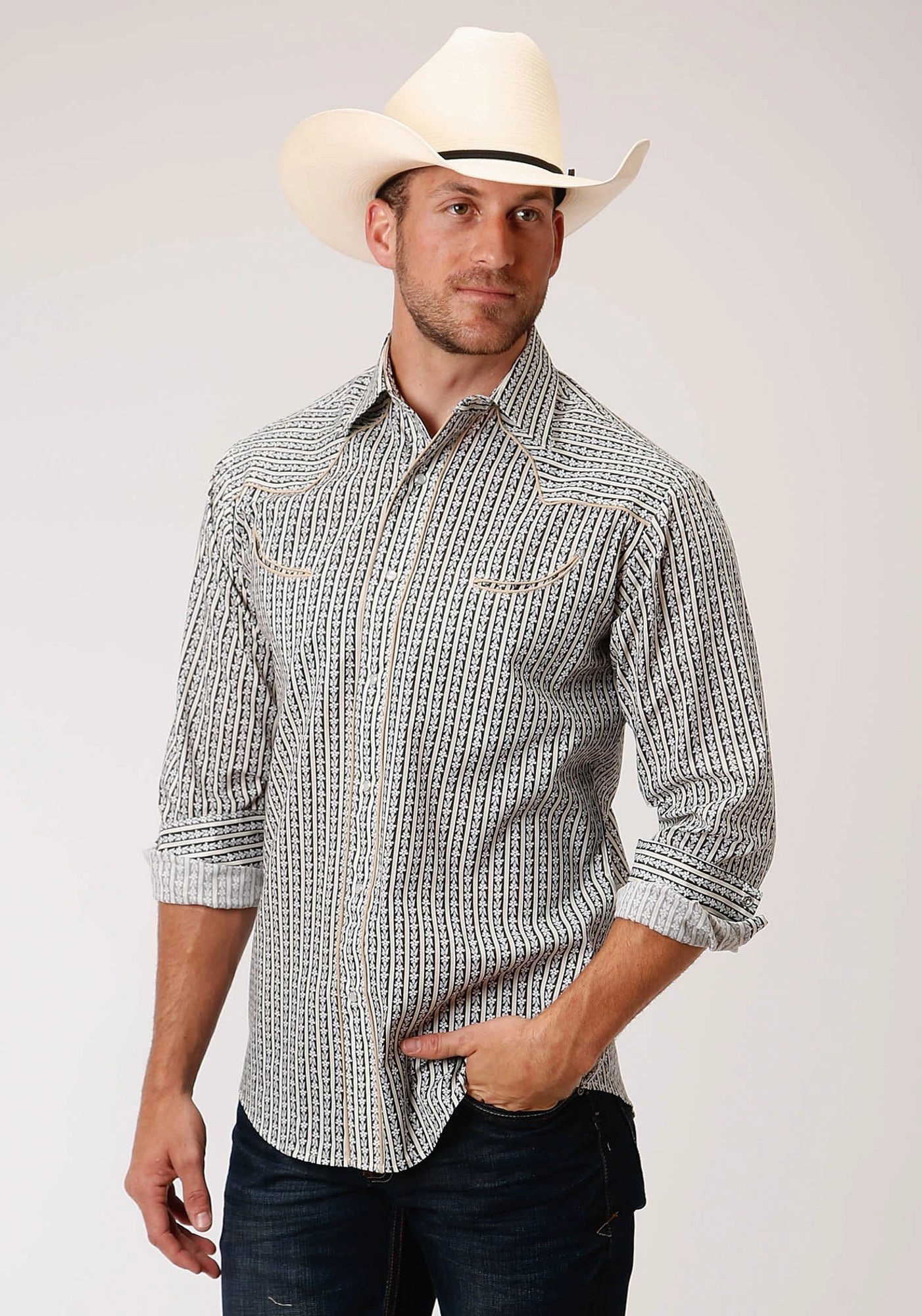 vacation wear All Purpose Weave Design Roper Mens Grey Cotton Blend Dark Ground L/S Wallpaper Shirt