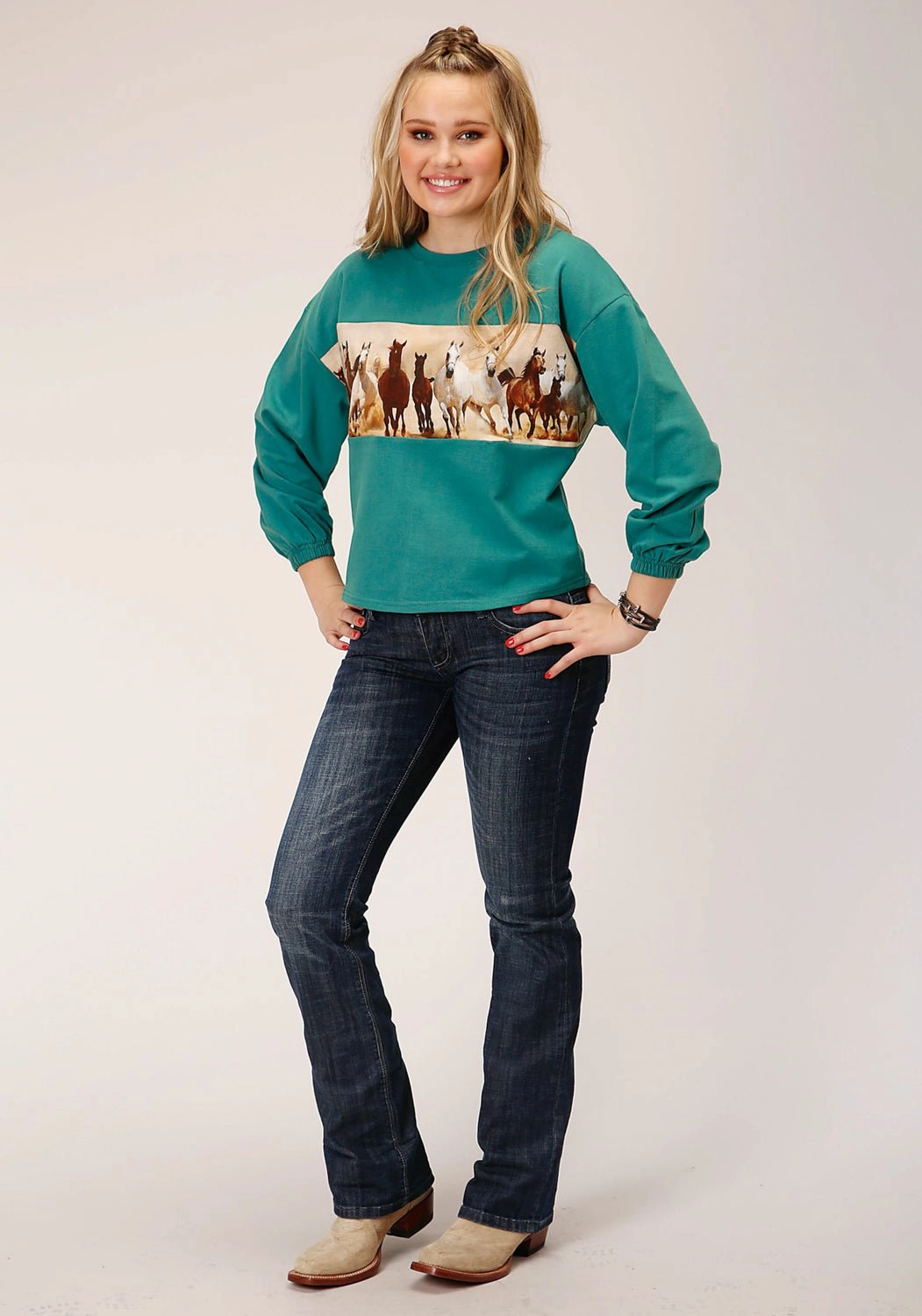 Roper Womens Running Horses Blue 100% Cotton Sweatshirt Basic Travel Fit