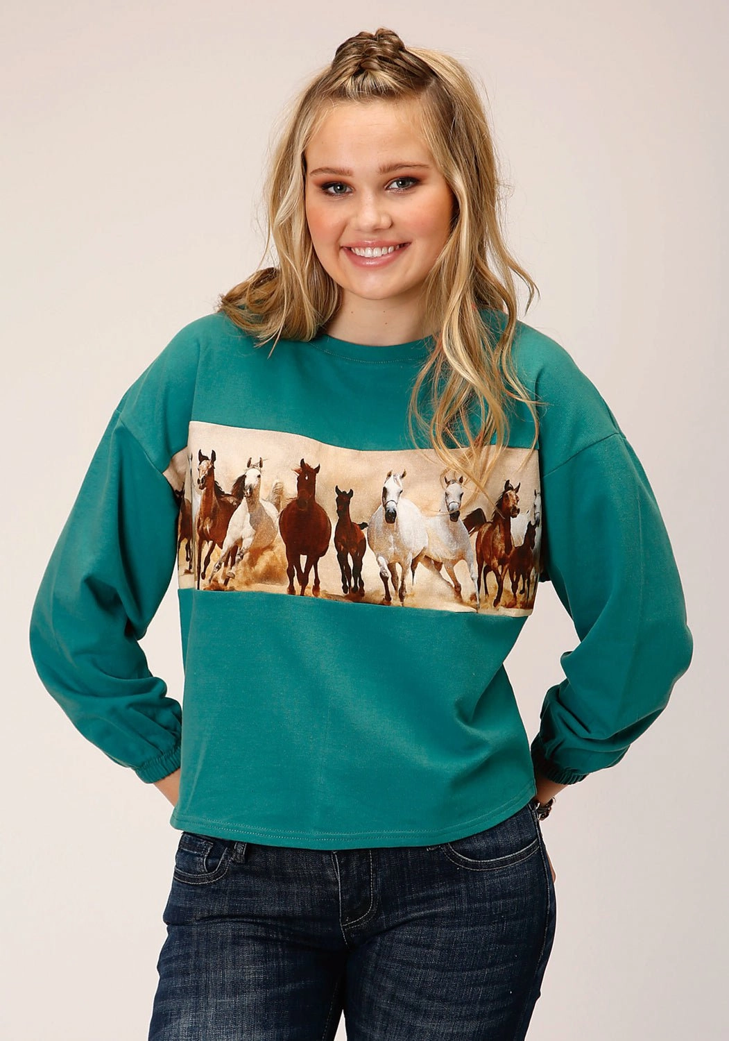 Ergonomic Articulation Roper Womens Running Horses Blue 100% Cotton Sweatshirt