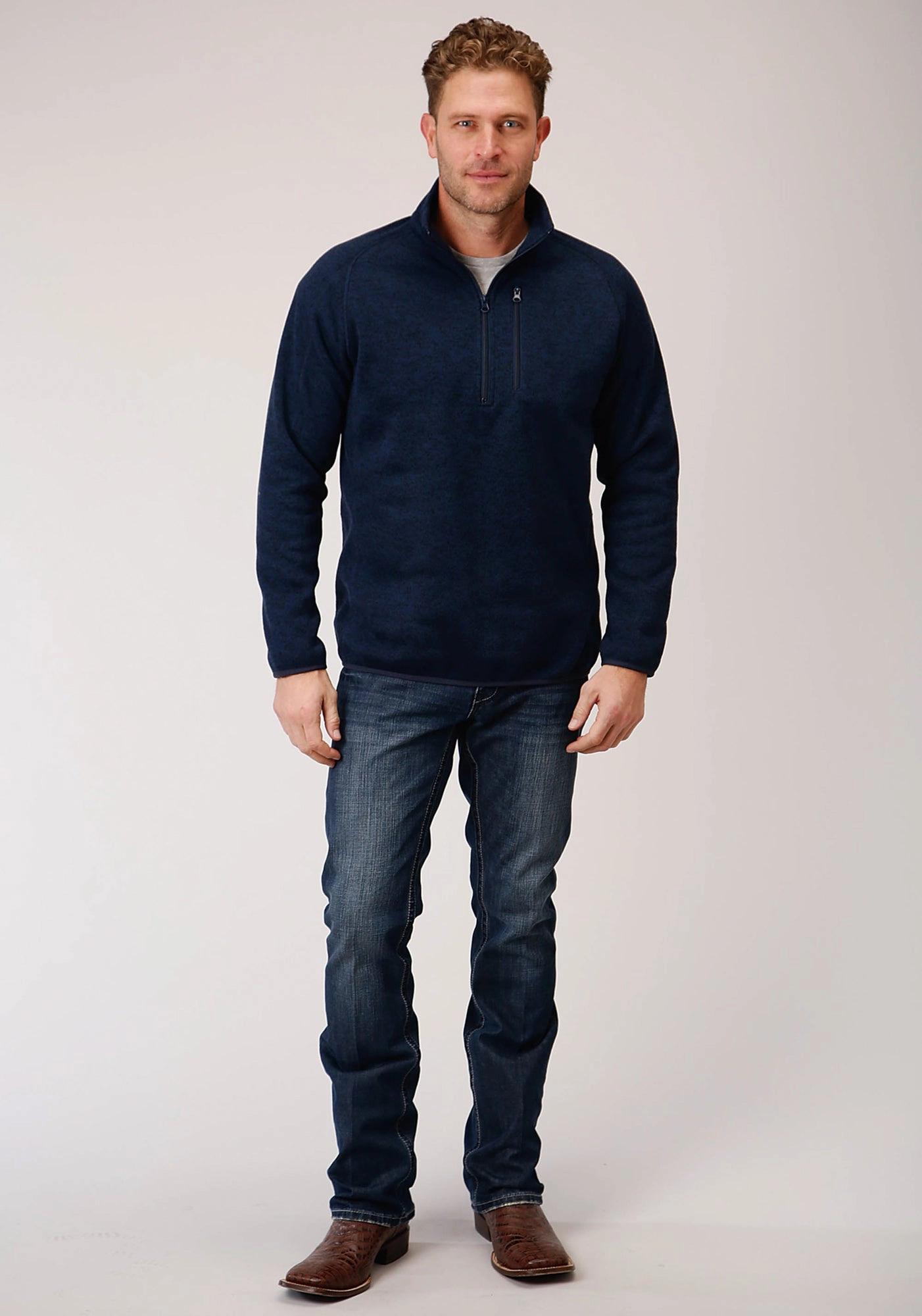 Timeless Classic Brunch Outfit Stetson Mens Navy Polyester 1/4 Zip Pullover Sweater