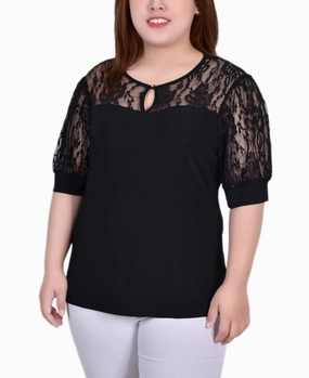 Plus Size Short Puff Sleeve Top With Lace Sleeves And Yoke Modern Layers Soft Draping