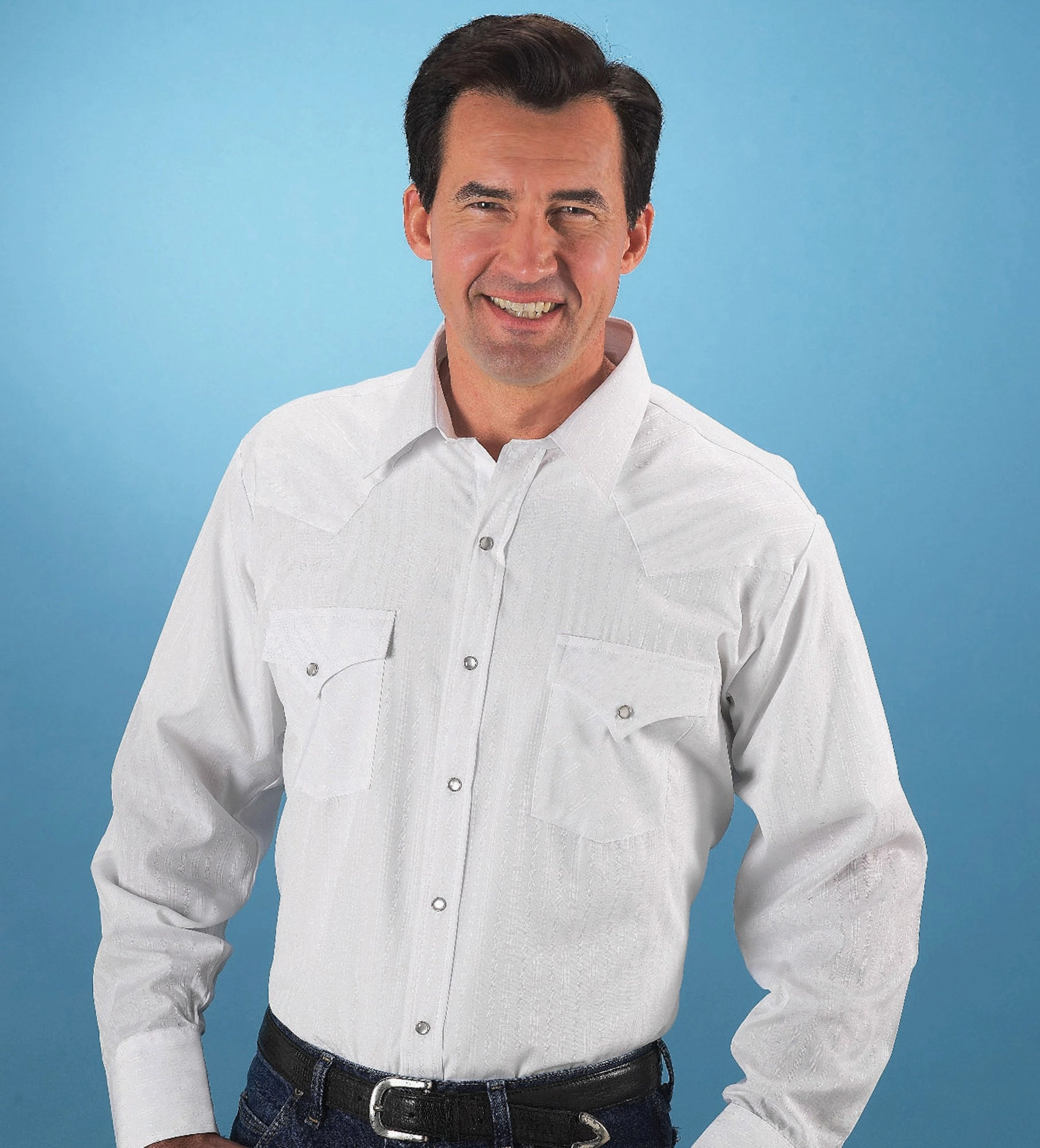 Pocket Detail Smooth Stitch Pattern Ely & Walker Mens Tonal White Western Shirt L/S Poly/Cotton Tall