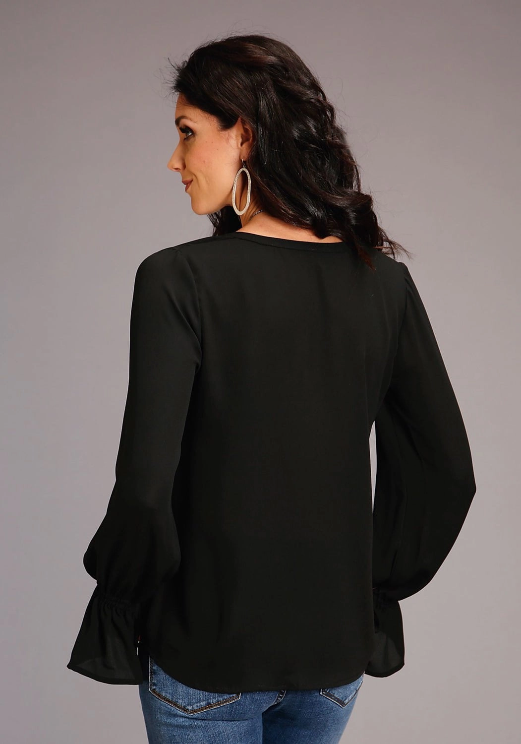 Stetson Womens Self Tie Peasant Black Polyester L/S Blouse High-End Look Camouflage Style