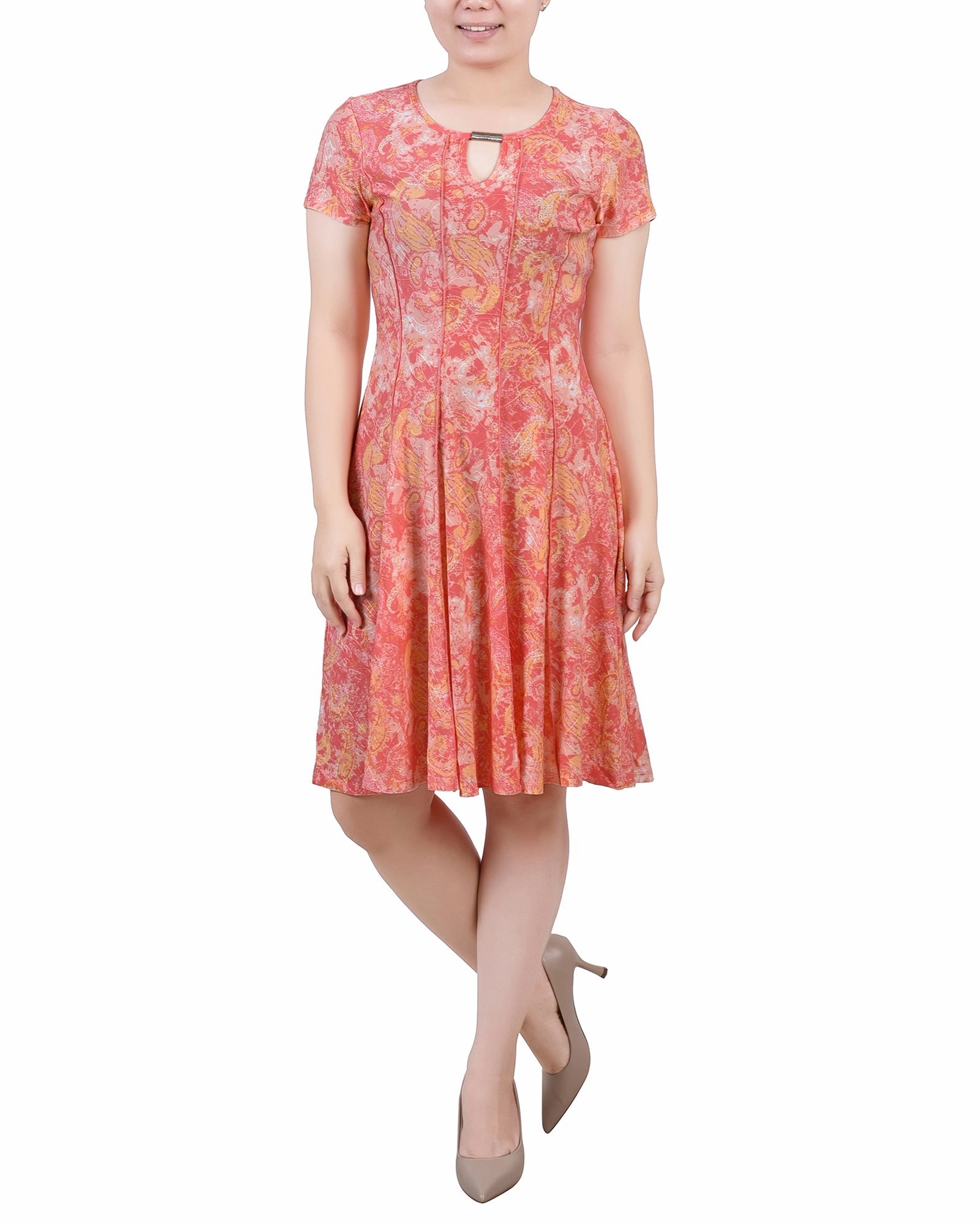 Timeless Appeal Calm Aesthetic Short Sleeve Jacquard Knit Seamed Dress