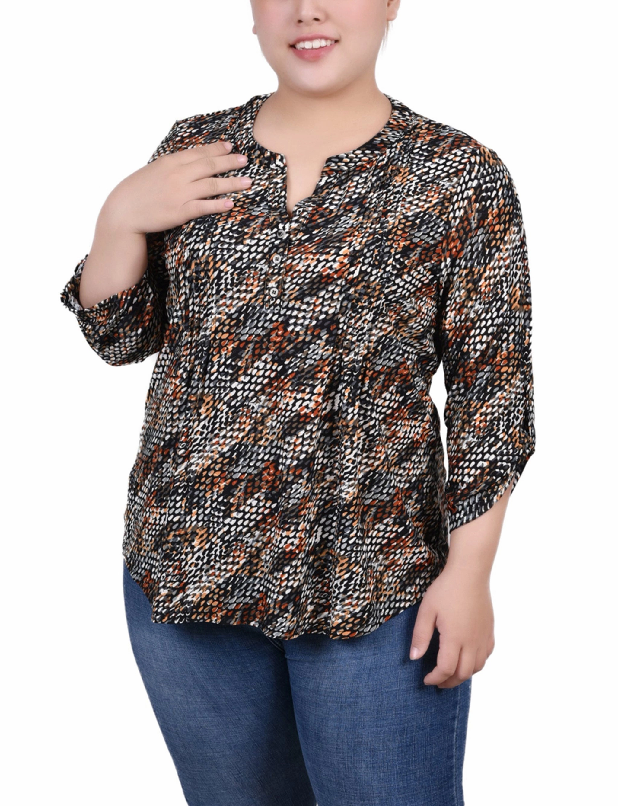All Day Comfort Plus Size 3/4 Roll Tab Pullover Top