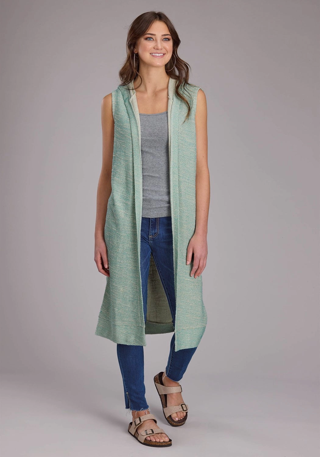 Roper Womens Hooded Sleeveless Aqua/Cream 100% Cotton Cardigan Sweater Adjustable Hem Lock System Mold resistant