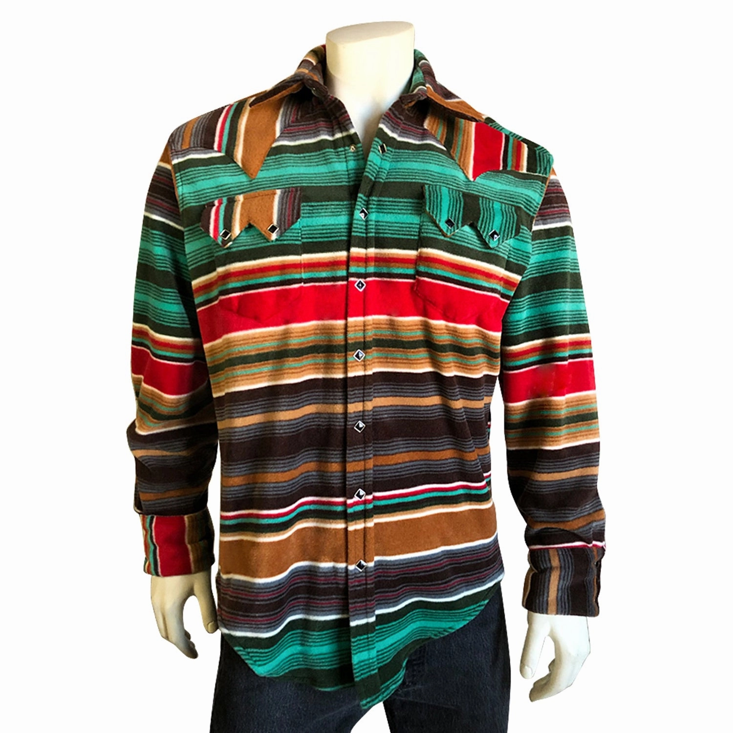 Petite Cut Asymmetrical Cut Rockmount Mens Brown/Green Fleece Serape Pattern Western L/S Shirt